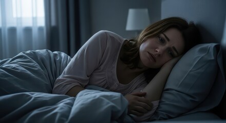 Obraz premium Young Woman Resting in Bed in Dimly Lit Bedroom with Soft Natural Light From Window