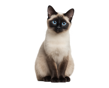 Sitting Siamese cat isolated on a transparent background