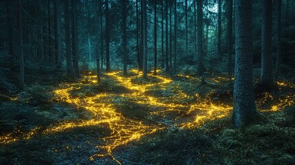Fototapeta premium Luminous Lichen Carpet in Forest Forming Glowing Pathways with Fractal Patterns