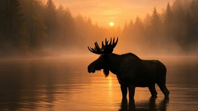Silhouette of a moose in a misty lake at sunrise, captured from a low angle. The serene, natural scene evokes a tranquil video atmosphere. Live desktop wallpaper.