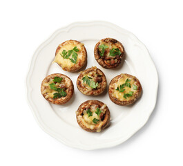Tasty stuffed mushrooms isolated on white, top view