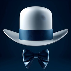 Elegant 3D Render of White Bowler Hat with Blue Ribbon and Bow Tie