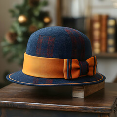 Stylish Blue and Orange Women's Felt Hat with Bow - Detailed Illustration