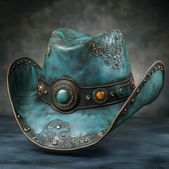 Teal Leather Cowboy Hat 3D Illustration: Handcrafted Western Hat with Intricate Carvings and Gemstone Accents