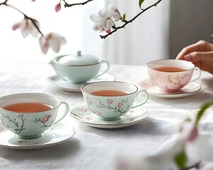 Pastel Floral Teacups on Elegant White Table with Blossoms, creating a soft and serene tea setting.
