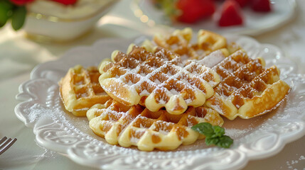 Fresh belgian waffles on rustic wooden table with coffee mugs in cozy kitchen setting Close-up of a crispy American waffle with honey, Generative AI