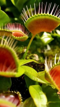Close-up of carnivorous Venus flytrap plants showing interior reddish color and trigger hairs growing amidst small green leaves