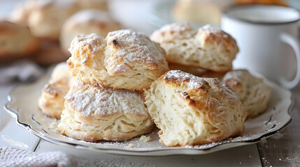 Golden brown buttermilk biscuits stacked against a crisp white backdrop scene Homemade scones and clotted cream, Generative AI