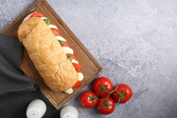 Tasty sandwich with mozzarella cheese, tomatoes and basil on grey textured table, flat lay. Space...