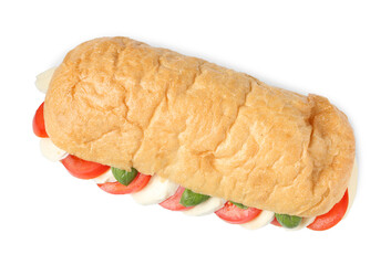 Tasty sandwich with mozzarella cheese, tomatoes and basil isolated on white, top view