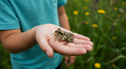 Child's Hand Gently Holding a Small Frog in a Field of Wildflowers