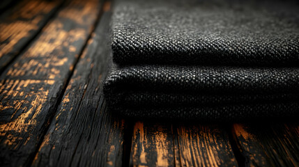 Dark Grey Tweed Fabric Texture Photography, Folded on Rustic Wooden Background