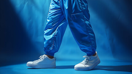 Dynamic Fashion Illustration Blue Track Pants and White Sneakers