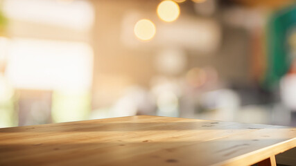 Light wood table in cozy restaurant