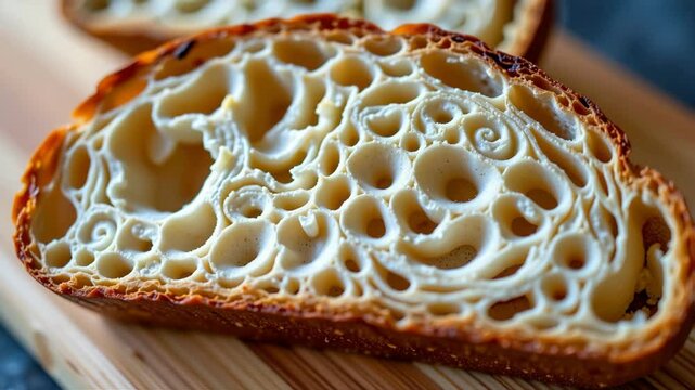 A close-up of a sliced loaf of bread with an intricate, airy crumb structure and golden crust on a wooden surface.