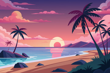 Fototapeta premium Tropical paradise sunset with palm trees overlooking the serene beach and ocean