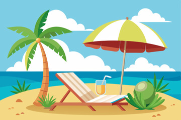 Obraz premium Tropical beach paradise with swaying palm trees, an inviting umbrella, and the sun-kissed sand meeting the clear ocean waves, perfect for a summer holiday