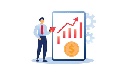 Man presenting financial growth chart on tablet with coin and gears in the background illustration