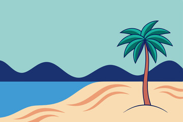 Tropical island paradise: sun-drenched beach with palm trees, ocean waves, and blue sky