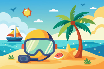Tropical island beach vector illustration with palm trees, sun, sea, and sand for a perfect summer holiday vacation