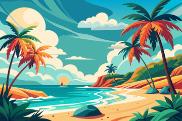 Obraz premium Tropical island beach with palm trees, a summer paradise landscape