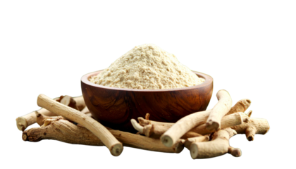 ashwagandha powder in wooden bowl