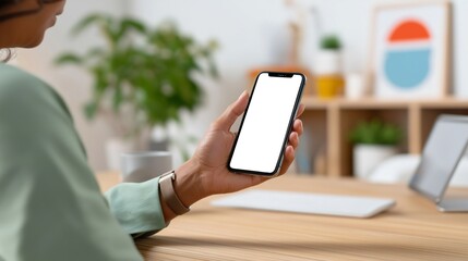Parent accesses childcare referral service through a smartphone while working at a desk, demonstrating the challenge of balancing work and family responsibilities from home