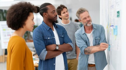 Group members collaborate on workload distribution, actively discussing tasks and responsibilities while engaging with a visual project board in a bright office environment