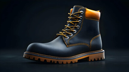 3D Render of Stylish Dark Blue Leather Boot with Yellow Accents