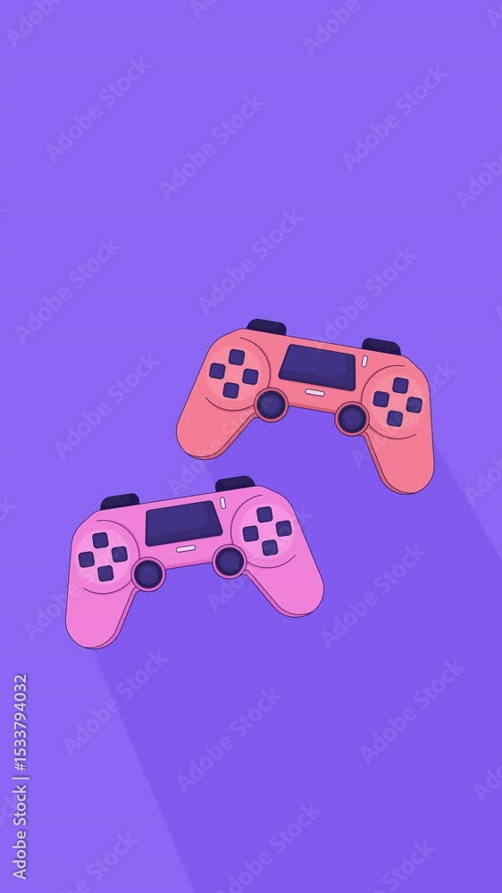 Poster swaying game controllers on purple background lofi vertical animation. nostalgic fun joysticks. retr