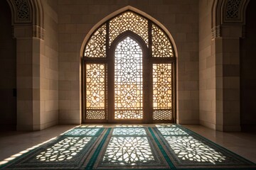 Obraz premium Intricate Masjid Window Casting Shadows in Golden Light Inside Majestic Architecture