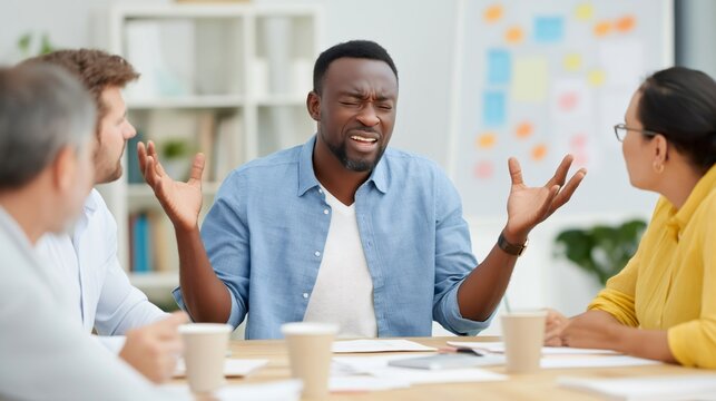 In a modern office space, a manager uses conflict resolution skills to mediate a discussion among team members, fostering a collaborative atmosphere for better communication