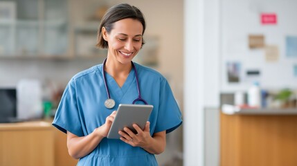 Healthcare professional smiles while using a tablet to explore Employee Assistance Program resources aimed at managing burnout in a medical office during work hours