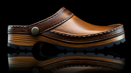 Artisan Brown Leather Clog Shoe 3D Illustration with Wooden Sole, Detailed Design