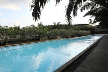 Outdoor swimming pool and green plants at luxury resort