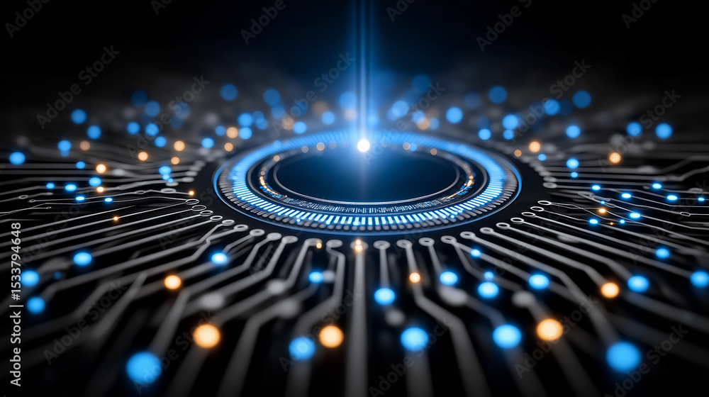 Poster illuminating circuits: a mesmerizing close-up of a futuristic computer circuit board, radiating with