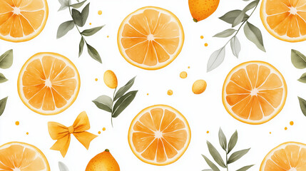 Citrus Burst Pattern: A vibrant and fresh watercolor illustration showcases a seamless pattern of sliced oranges, scattered lemons, and delicate greenery.
