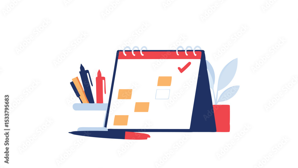 Poster illustration of a desk calendar with a red checkmark and sticky notes on a white background design