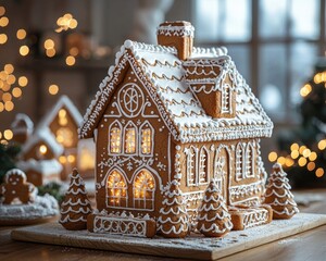 Ornate gingerbread house with illuminated windows, surrounded by miniature trees and smaller gingerbread structures, sits on a wooden surface amidst a warm, bokeh-lit holiday setting