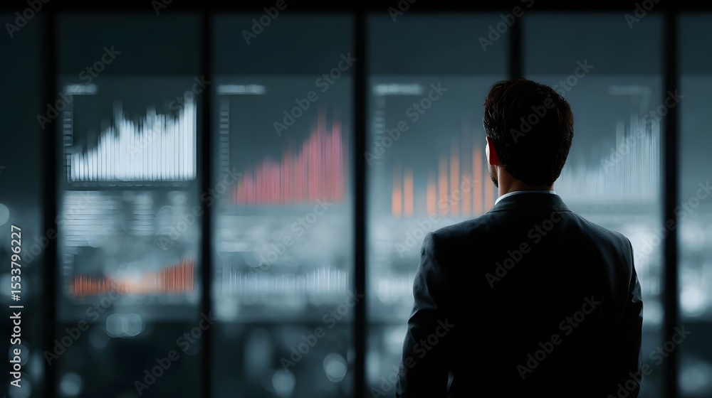 Poster silhouetted figure analyzing predictive consumer behavior charts on virtual dashboard