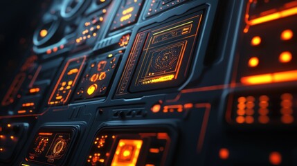 Futuristic Technology Interface, Close-Up of a Sci-Fi Control Panel Glowing with Orange and Dark Hues