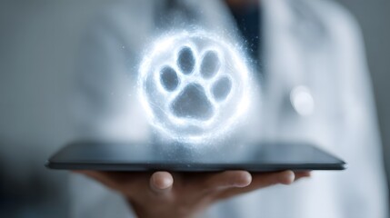 Glowing pet health data spinning on a veterinary tablet