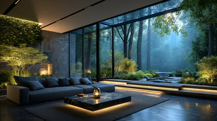 Modern Living Room with Forest View: A luxurious modern living room features a spacious grey sofa and a sleek coffee table, all illuminated by warm ambient lighting.