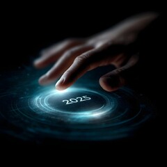 A hand hovers above a futuristic digital interface displaying the year 2025