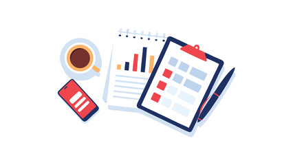 Overhead view of a desk with a coffee cup, phone, notepad with chart, clipboard and pen items