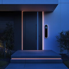 Modern House Entrance at Night with Smart Door