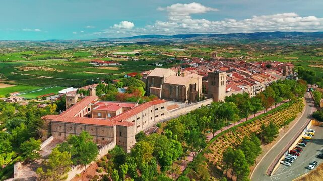 Aerial view of Laguardia medieval fortified hilltop village in northern Spain