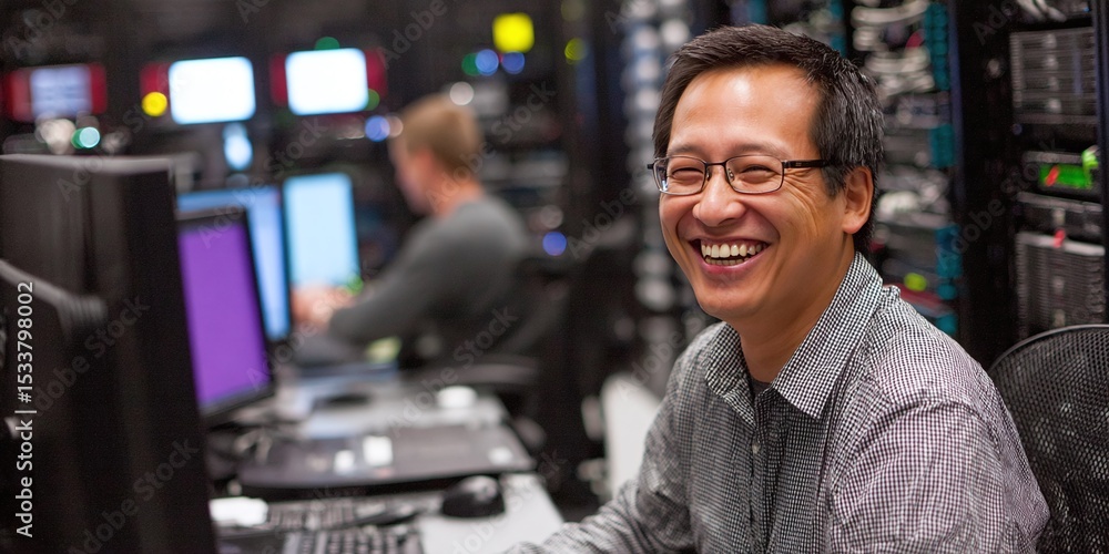 Poster happy it professional: a joyful asian man in glasses laughs while working in a server room, surround