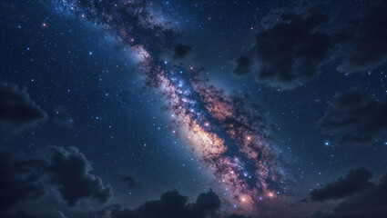 Stunning night sky view of the milky way galaxy with dramatic clouds and stars