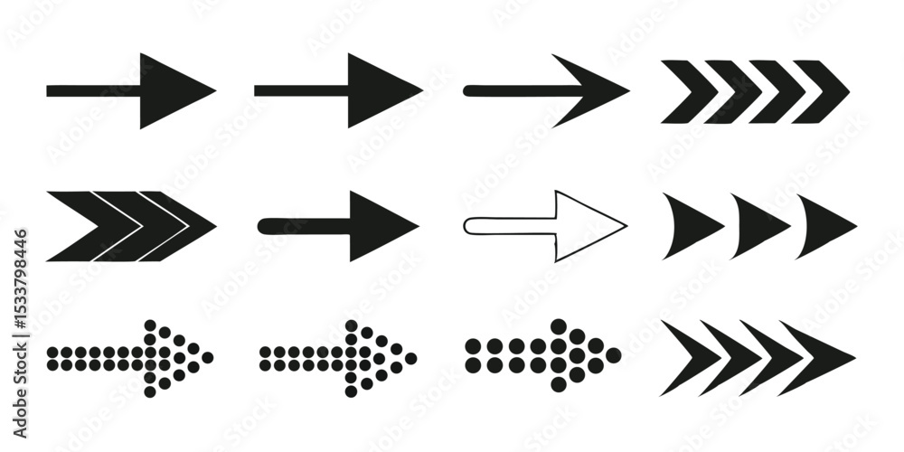 Poster collection of twelve different arrow designs pointing to the right in various styles and formations
